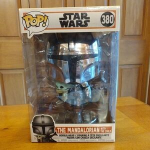 Large 10" Funko Pop THE MANDALORIAN with the Child #380 Bobble Head Chrome
